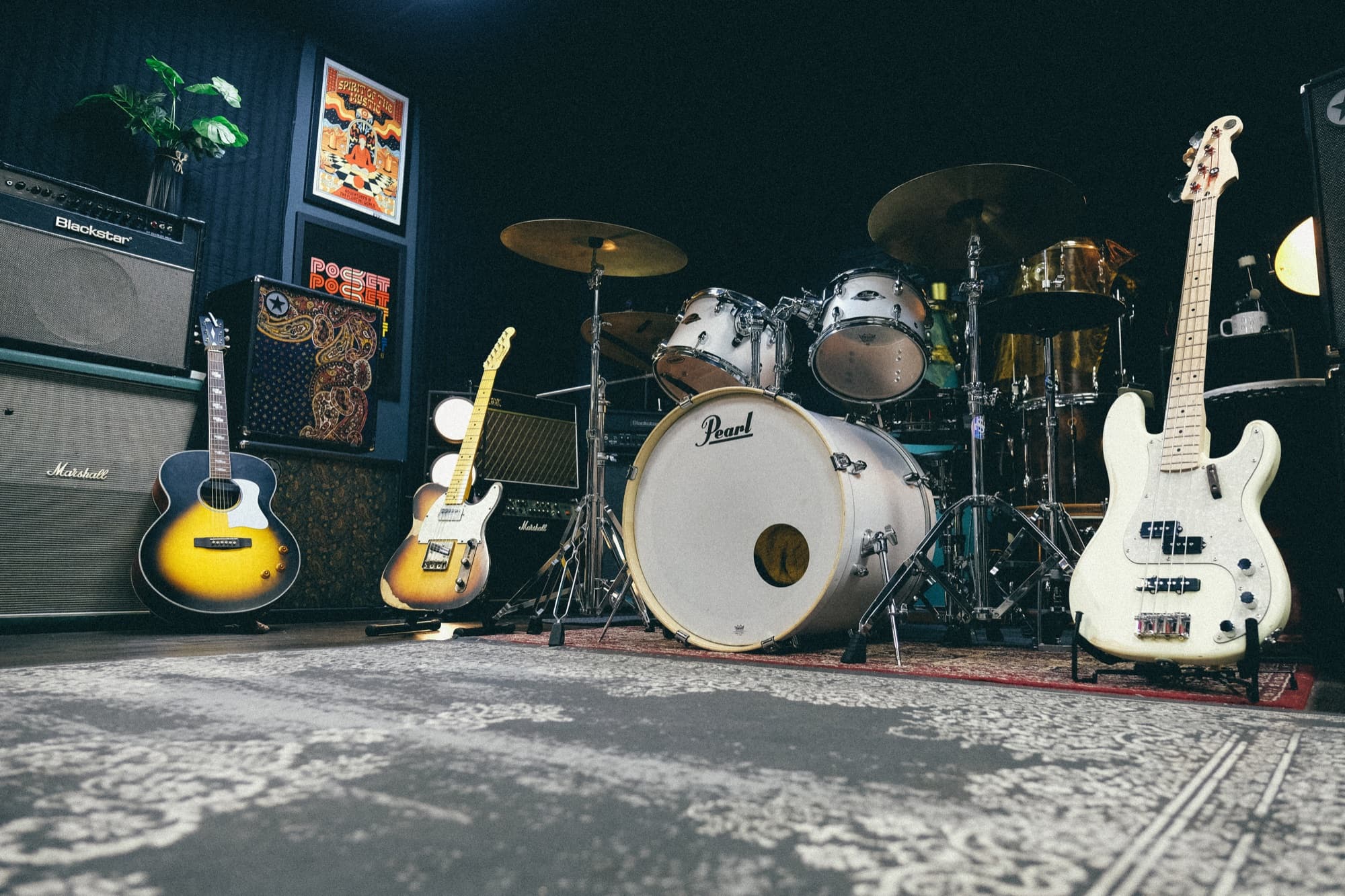 The Audio Playground rehearsal room with Pearl drum kit, Marshall and Blackstar amps, telecaster and bass guitars